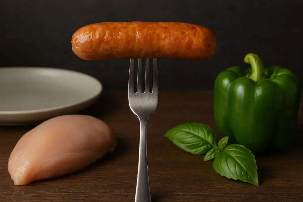 Chicken sausage with floating question mark on a neutral background.