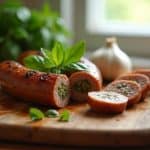 “Grilled chicken sausages on a cutting board, showcasing flavor and health benefits, with fresh herbs nearby.”