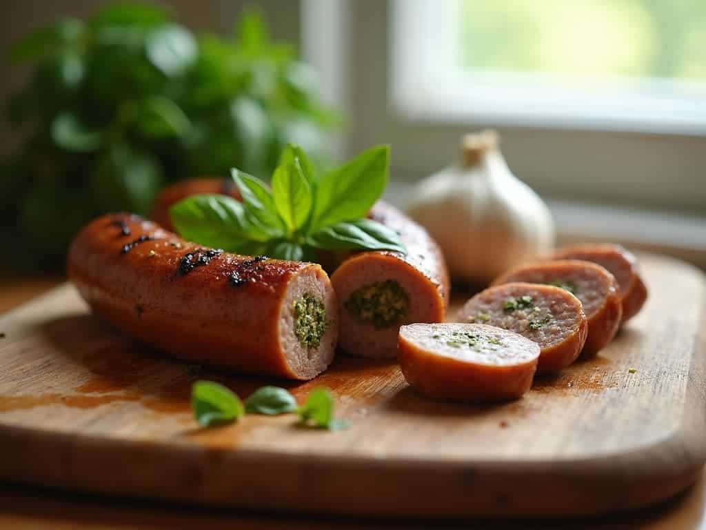 “Grilled chicken sausages on a cutting board, showcasing flavor and health benefits, with fresh herbs nearby.”