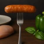 Chicken sausage with floating question mark on a neutral background.