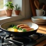 “Cooking chicken sausages and eggs in a skillet, highlighting healthy and tasty options from the best chicken sausage brands in the USA.”