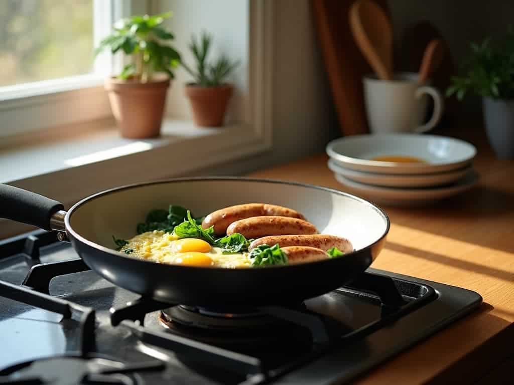 “Cooking chicken sausages and eggs in a skillet, highlighting healthy and tasty options from the best chicken sausage brands in the USA.”