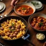 “Chicken sausage or turkey sausage, a delicious meal featuring served with pasta and marinara sauce on a wooden table”.