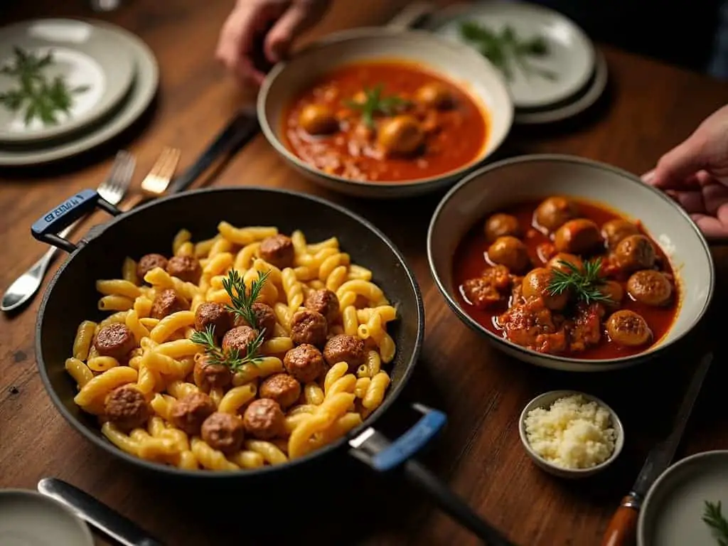 “Chicken sausage or turkey sausage, a delicious meal featuring served with pasta and marinara sauce on a wooden table”.