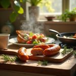 Heck chicken sausages on a wooden board, accompanied by a hot beverage and fresh salad, create a delicious and healthy meal