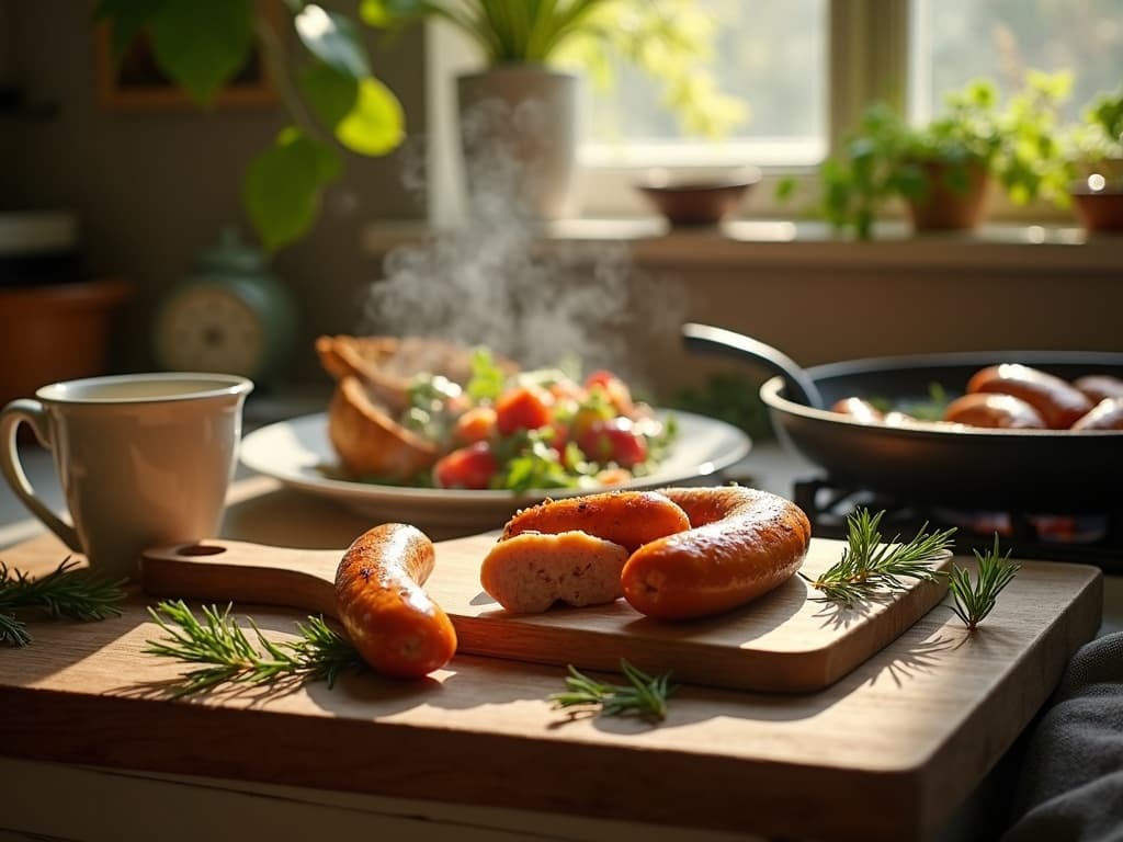 Cook The Restaurant's Food at Home 34 Heck chicken sausages on a wooden board, accompanied by a hot beverage and fresh salad, create a delicious and healthy meal