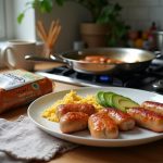 “Savory sausages, creamy scrambled eggs, and fresh avocado slices make a hearty and delicious breakfast plate”.
