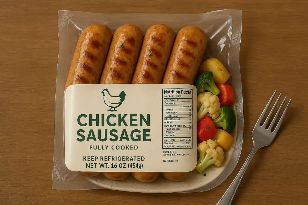 Chicken sausage meal prep trays with vegetables, sealed for freshness and convenience.