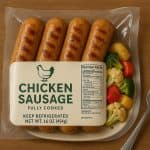 Chicken sausage meal prep trays with vegetables, sealed for freshness and convenience.