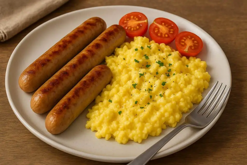 Chicken sausage and scrambled eggs on a plate, garnished with herbs and tomatoes.
