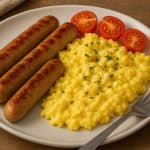 Chicken sausage and scrambled eggs on a plate, garnished with herbs and tomatoes.