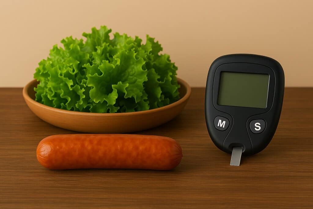 Chicken sausage, leafy salad, and glucometer on wooden surface