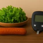 Chicken sausage, leafy salad, and glucometer on wooden surface