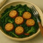 Chicken sausage with sautéed broccoli rabe and herbs, plated simply in a ceramic bowl.