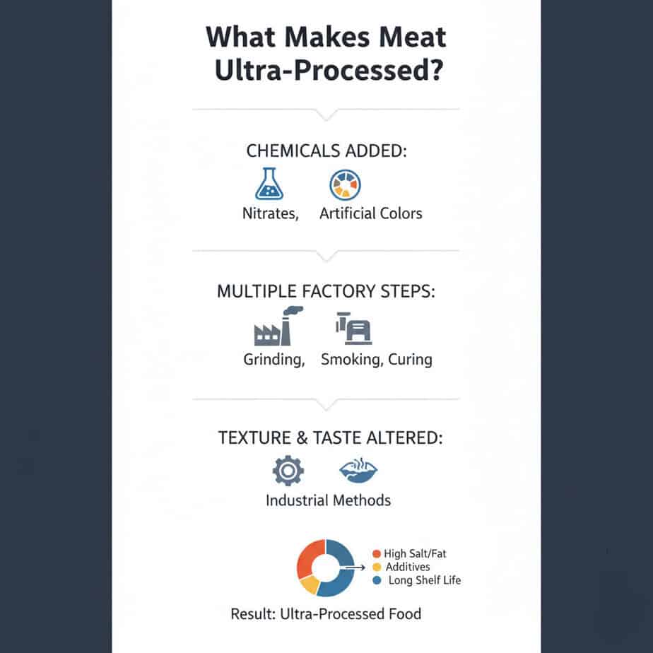 Infographic explaining ultra-processed meat characteristics: includes chemicals added, multiple factory processing steps, and texture/taste alterations, with icons showing nitrates, artificial colors, grinding, smoking, and industrial methods.