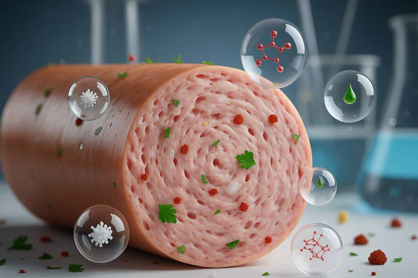 Scientific visualization of a rolled chicken sausage with floating transparent bubbles showing molecular structures, spices, and chemical compounds, set against a laboratory background.