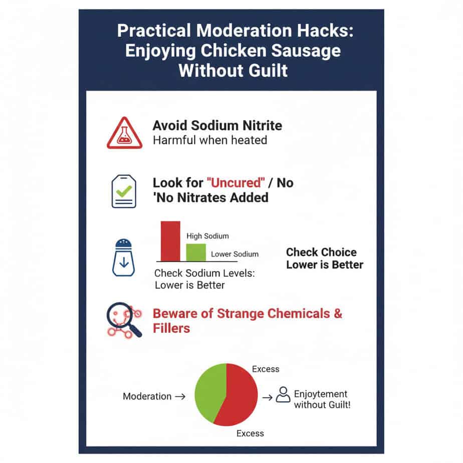 Nutritional guidance poster showing four key strategies for healthier chicken sausage consumption, including avoiding sodium nitrite, choosing uncured options, and moderating intake.