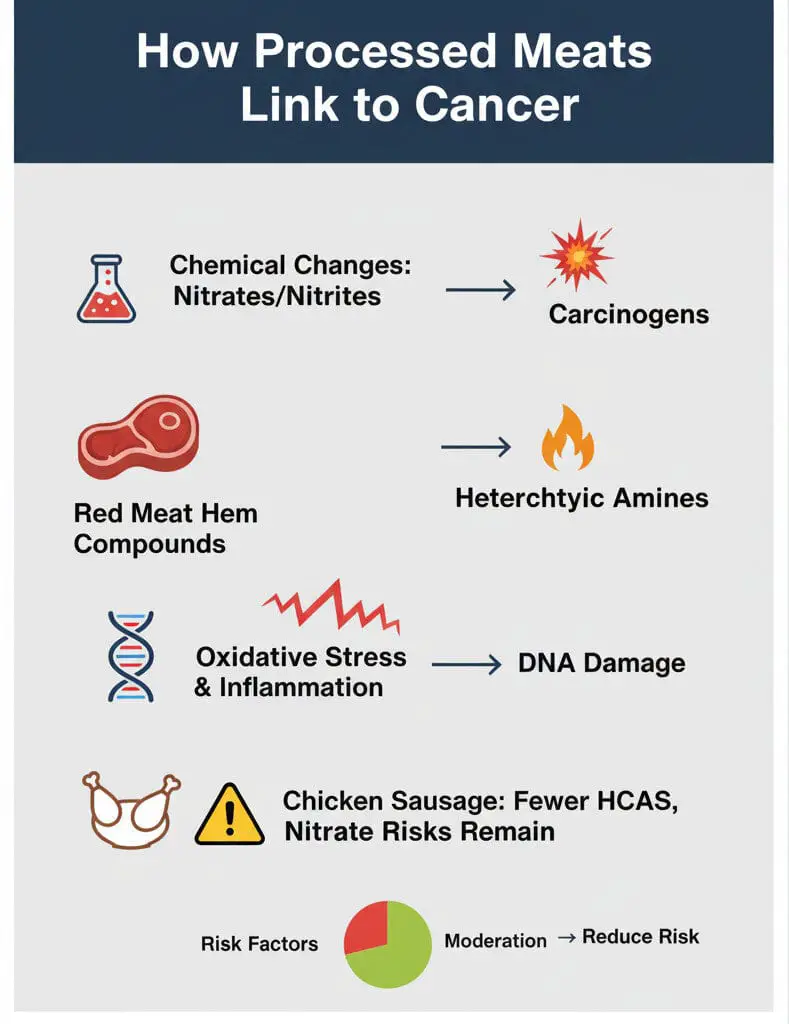 Infographic explaining how processed meats link to cancer, showing chemical changes from nitrates/nitrites, red meat compounds, and oxidative stress leading to carcinogens, heterochytic amines, and DNA damage.