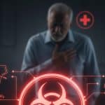 Health hazard illustration featuring a tray of chicken sausages overlaid with a luminous biohazard symbol, scientific chemical icons, and a shadowy representation of a person with a medical alert symbol.
