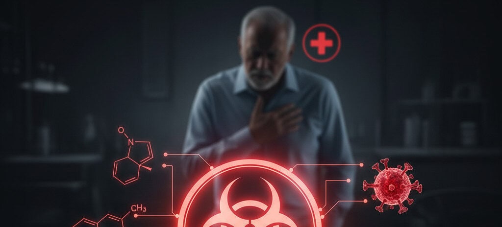 Cook The Restaurant's Food at Home 29 Health hazard illustration featuring a tray of chicken sausages overlaid with a luminous biohazard symbol, scientific chemical icons, and a shadowy representation of a person with a medical alert symbol.