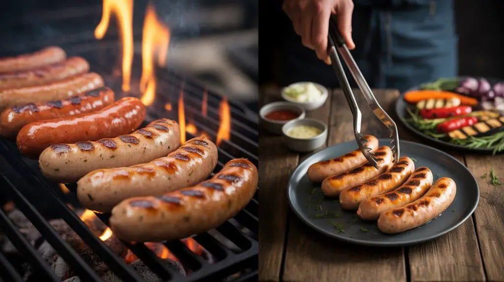 Grilled sausages on a fiery grill and a plate of savory sausages with dipping sauces, showcasing the best chicken sausage for an outdoor grill.