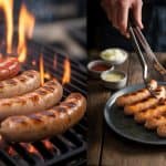 Grilled sausages on a fiery grill and a plate of savory sausages with dipping sauces, showcasing the best chicken sausage for an outdoor grill.