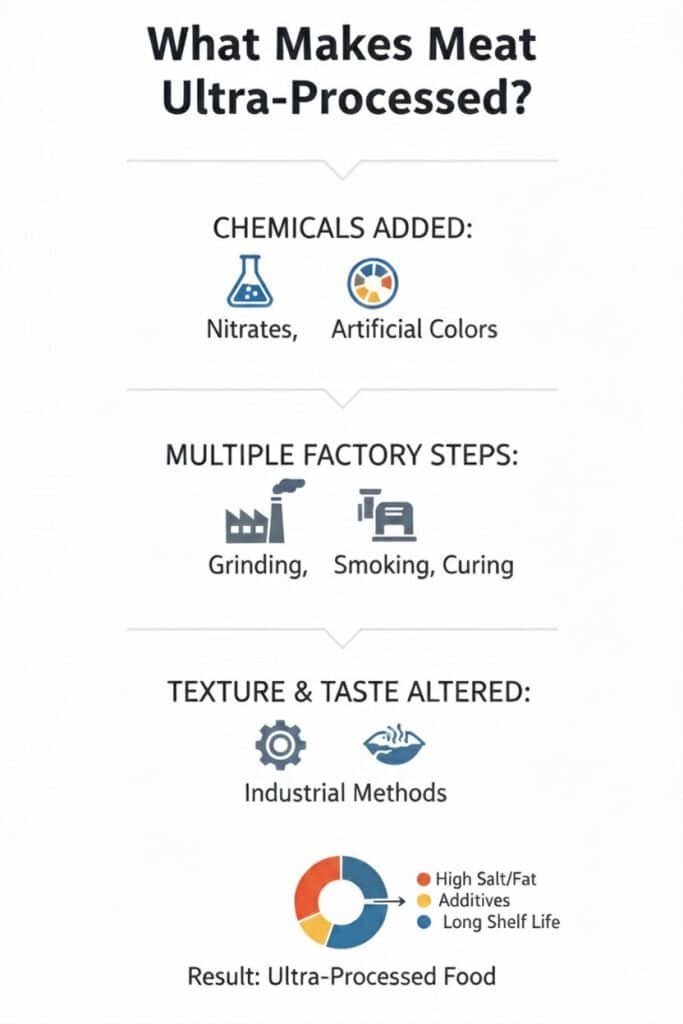 Infographic explaining ultra-processed meat characteristics: includes chemicals added, multiple factory processing steps, and texture/taste alterations, with icons showing nitrates, artificial colors, grinding, smoking, and industrial methods.