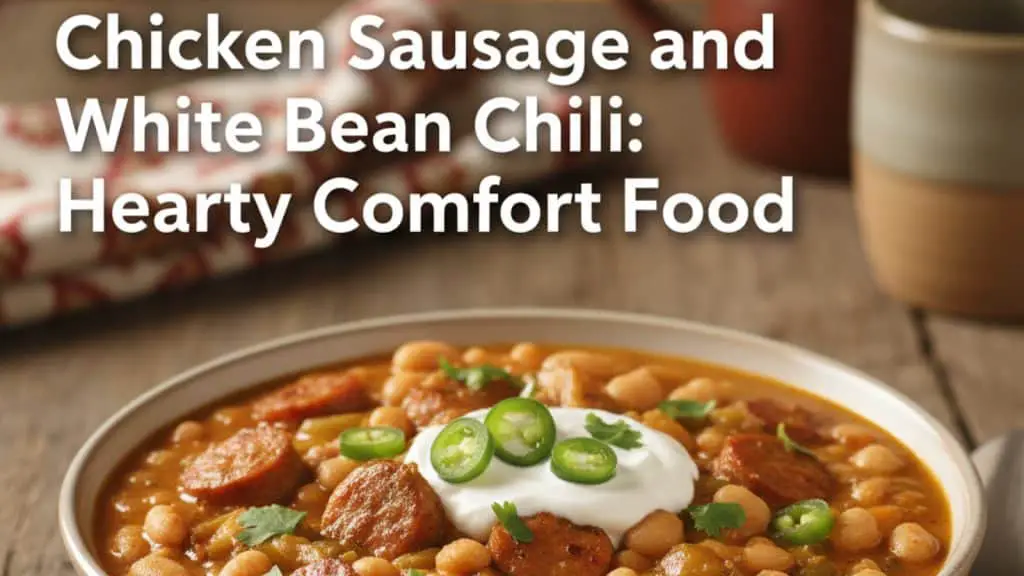 Cook The Restaurant's Food at Home 28 Hearty Chicken Sausage and White Bean Chili, a comforting dish with savory flavors and a dollop of sour cream.