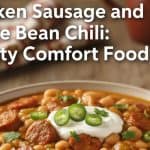 Hearty Chicken Sausage and White Bean Chili, a comforting dish with savory flavors and a dollop of sour cream.