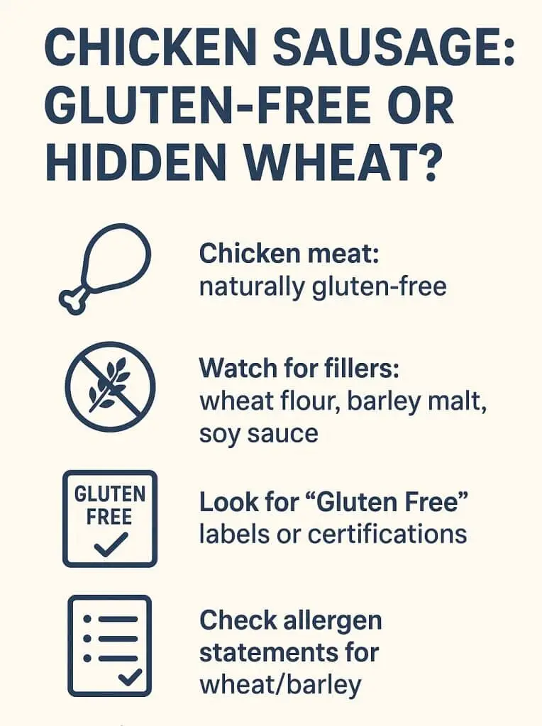 A guide on chicken sausage indicating it's naturally gluten-free but warns to check for hidden wheat in fillers.