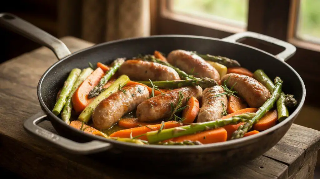 Chicken Sausage Pan Recipe 2 A skillet filled with roasted chicken sausages, carrots, and asparagus, a delicious and easy chicken sausage pan recipe.
