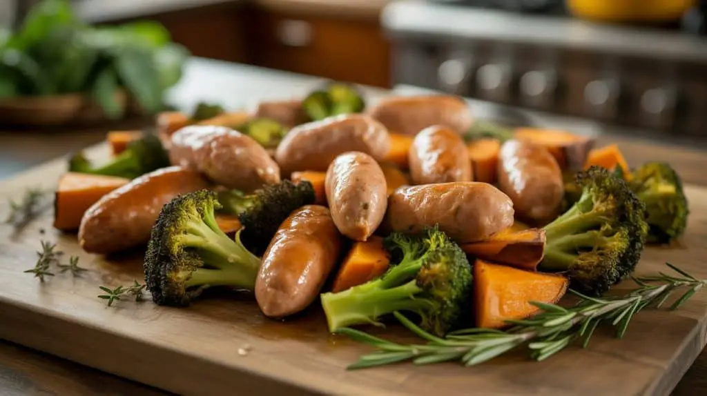 Chicken Sausage Pan Recipe 4 A wooden cutting board with roasted chicken sausages, sweet potatoes, and broccoli, a delectable chicken sausage pan recipe.