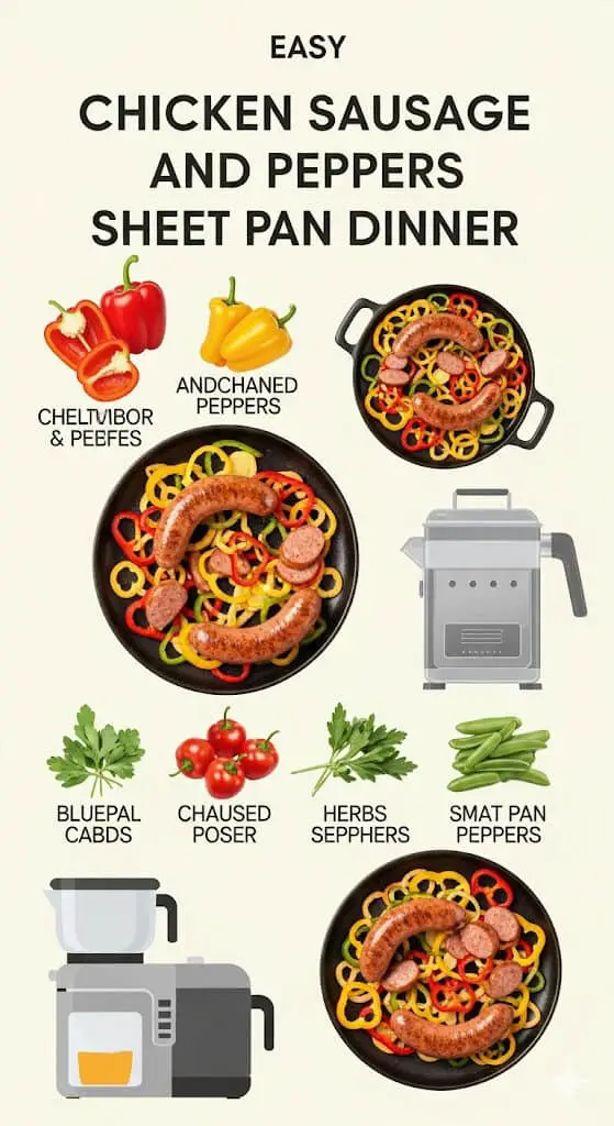 Easy Chicken Sausage and Peppers Sheet Pan Dinner - Ingredients and cooking equipment shown in image.