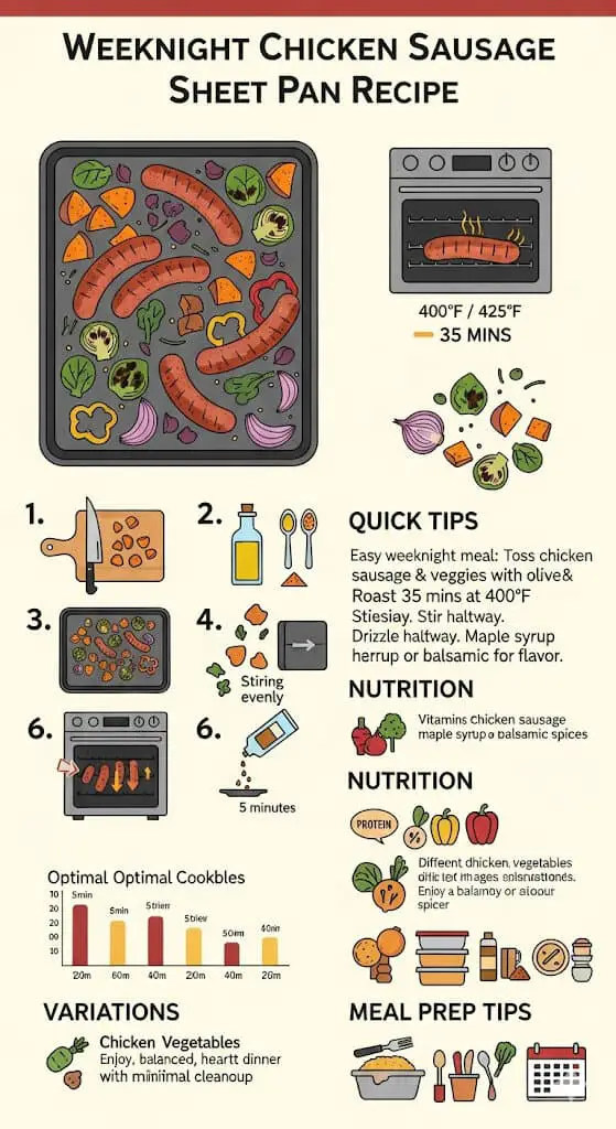 weeknight chicken sausage sheet pan recipe, detailing cooking tips and nutritional information.