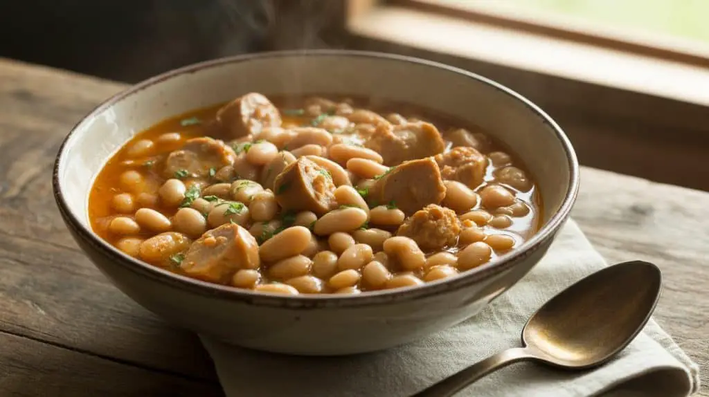 Chicken Sausage and White Bean Chili 2 A warm and hearty bowl of Chicken Sausage and White Bean Chili, with a blend of savory flavors and a garnish of fresh herbs.