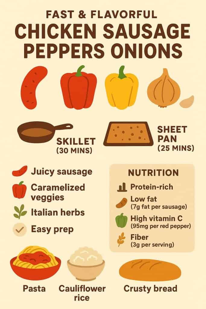 Fast and flavorful chicken sausage, peppers, and onions recipe.