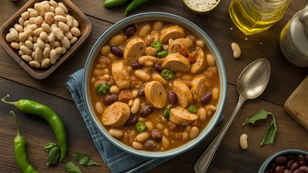 Chicken Sausage and White Bean Chili 3 A hearty bowl of Chicken Sausage and White Bean Chili, with savory sausage, creamy white beans, and a blend of warming spices.