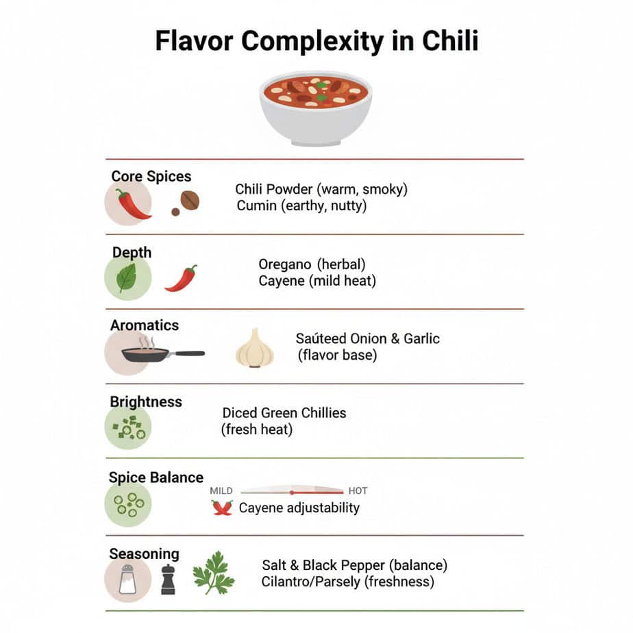 Chicken Sausage and White Bean Chili 4 Detailed flavor profile of the key ingredients that make up a hearty Chicken Sausage and White Bean Chili, from core spices to final seasoning.