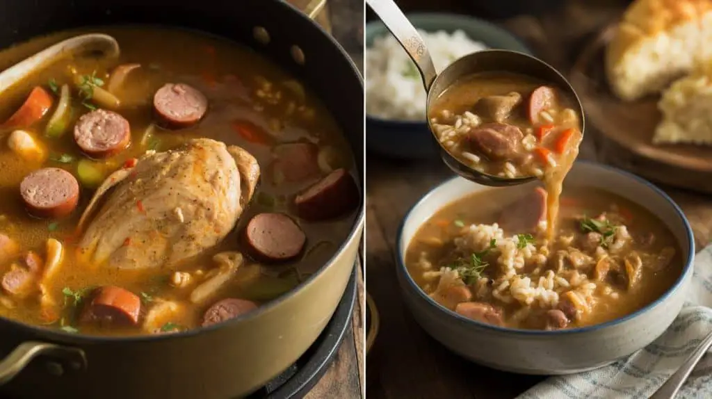 Savory chicken and sausage gumbo simmering in a pot, served hot with a side of rice.