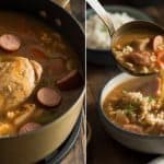 Savory chicken and sausage gumbo simmering in a pot, served hot with a side of rice.