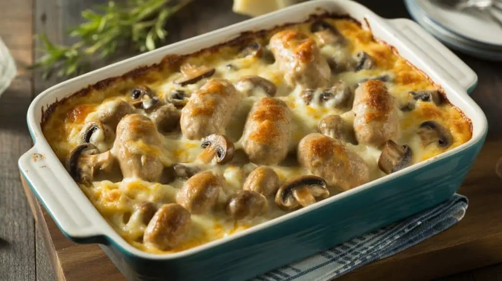 Chicken Sausage and Mushroom Casserole 2 A delectable baked casserole with chicken, sausage, and mushrooms, served in a ceramic dish on a rustic wooden table.
