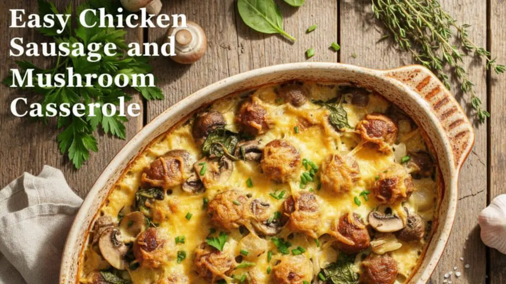 Cook The Restaurant's Food at Home 28 A hearty chicken sausage and mushroom casserole dish, served on a rustic wooden table with fresh herbs.