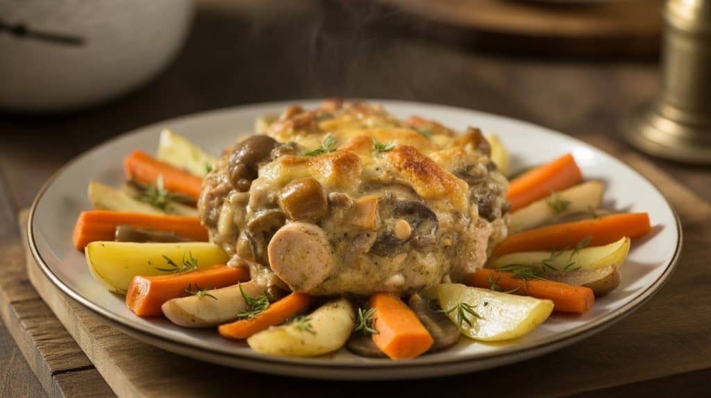 Chicken Sausage and Mushroom Casserole 3 A comforting chicken, sausage, and mushroom casserole, served with a side of roasted vegetables.