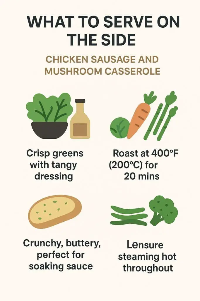 Chicken Sausage and Mushroom Casserole 4 An infographic highlighting serving suggestions for a Chicken Sausage and Mushroom Casserole, including crisp greens, roasted vegetables, and bread.