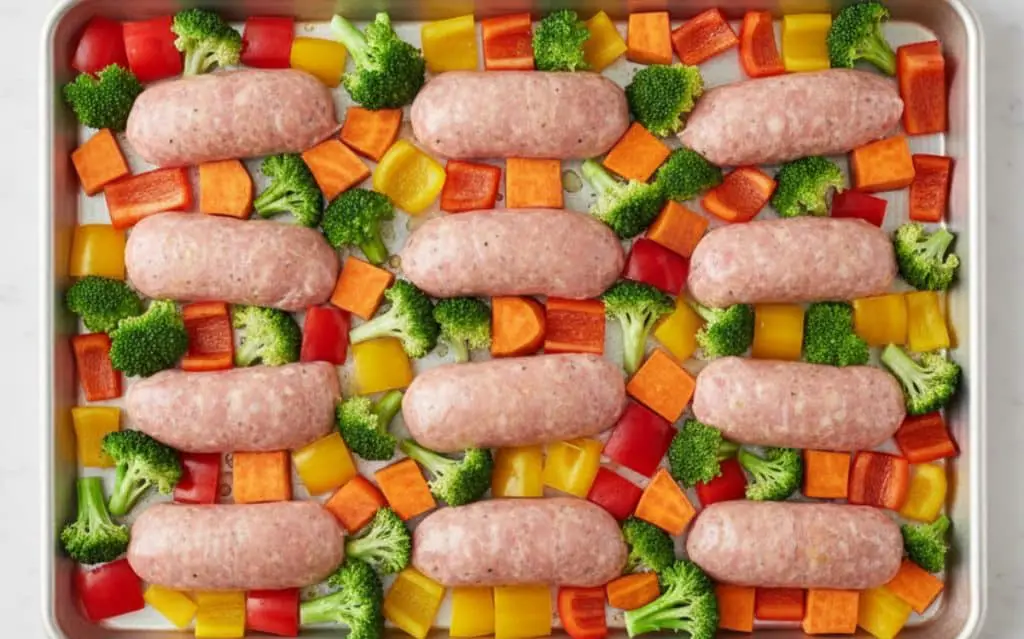 Cook The Restaurant's Food at Home 30 Sheet pan meal featuring chicken sausages nestled among roasted broccoli, bell peppers, and carrots.