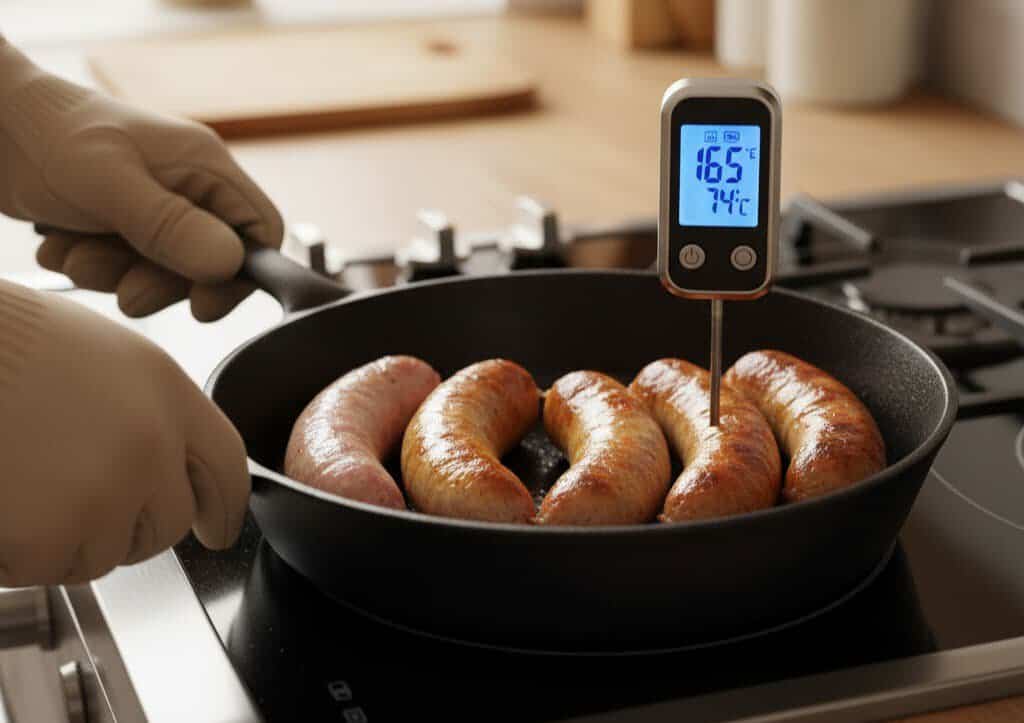 Grilled sausages sizzling in a pan, with a digital food thermometer displaying the temperature.