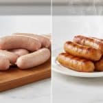 Comparison of raw and cooked chicken sausages showcases the transformation from uncooked to appetizing, grilled fare.