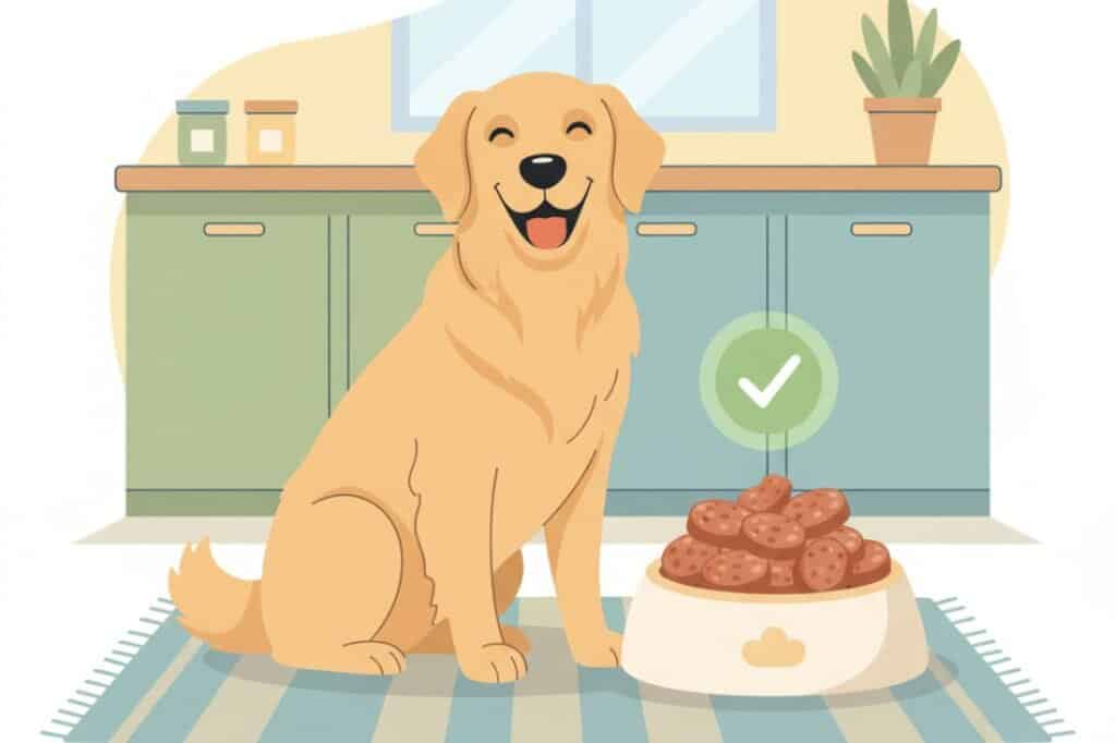 Friendly golden retriever eagerly eyeing a bowl of what appears to be chicken sausage treats, a healthy snack option for canine companions.