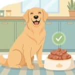 Friendly golden retriever eagerly eyeing a bowl of what appears to be chicken sausage treats, a healthy snack option for canine companions.