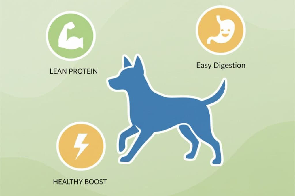 Chicken Sausage Treats for Dogs: Safe, Tasty Picks 2 Dog health icons highlighting lean protein, easy digestion, and energizing benefits of specialized dog food or treats.